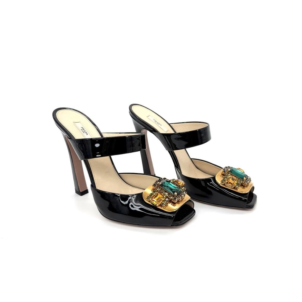 NWOB Prada Crown Jewel Crystal Sandals EU 38.5 US 8.5 Black Patent Leather